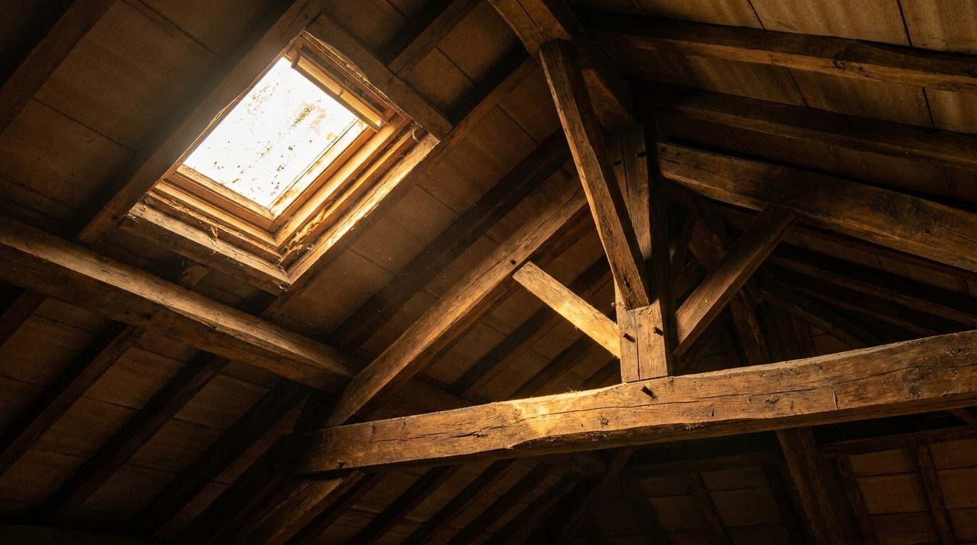 Charpente traditionnelle en bois sain baignée de lumière dorée dans des combles