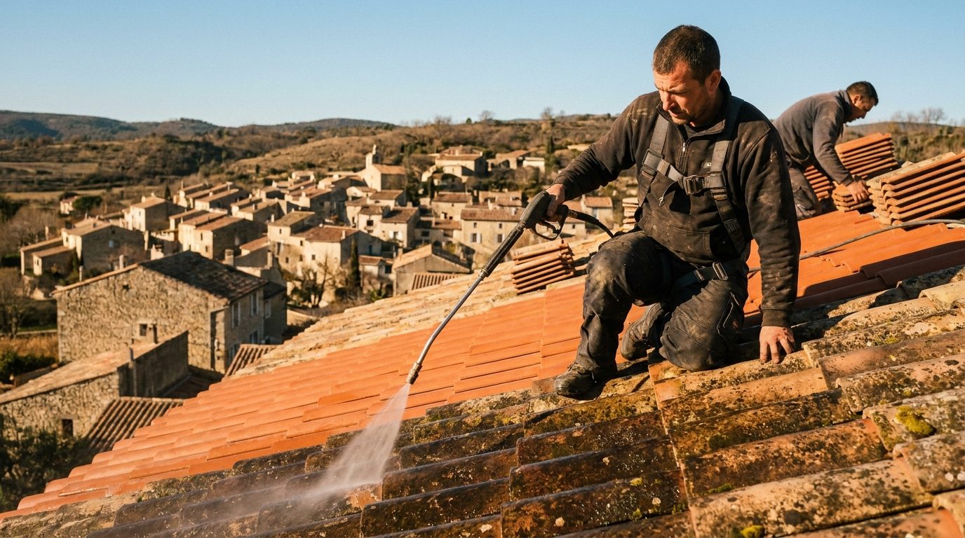 Nettoyage de toiture en cours, village provençal et collines en arrière-plan