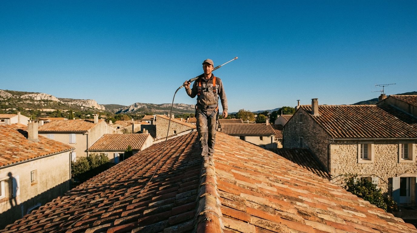 Couvreur sur le faîtage d'une toiture provençale, lance de nettoyage à l'épaule