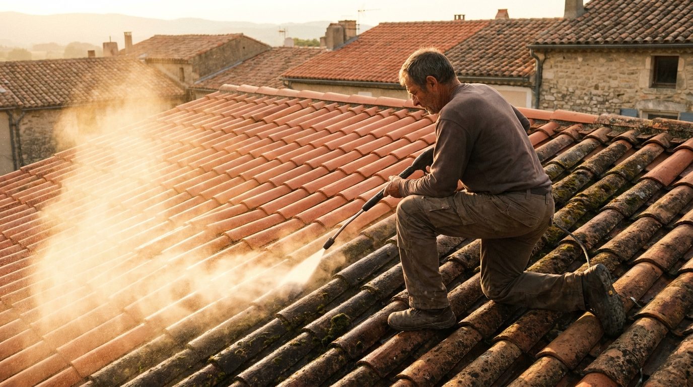 Couvreur ECH Habitat nettoyant une toiture : contraste entre tuiles propres et tuiles couvertes de mousse