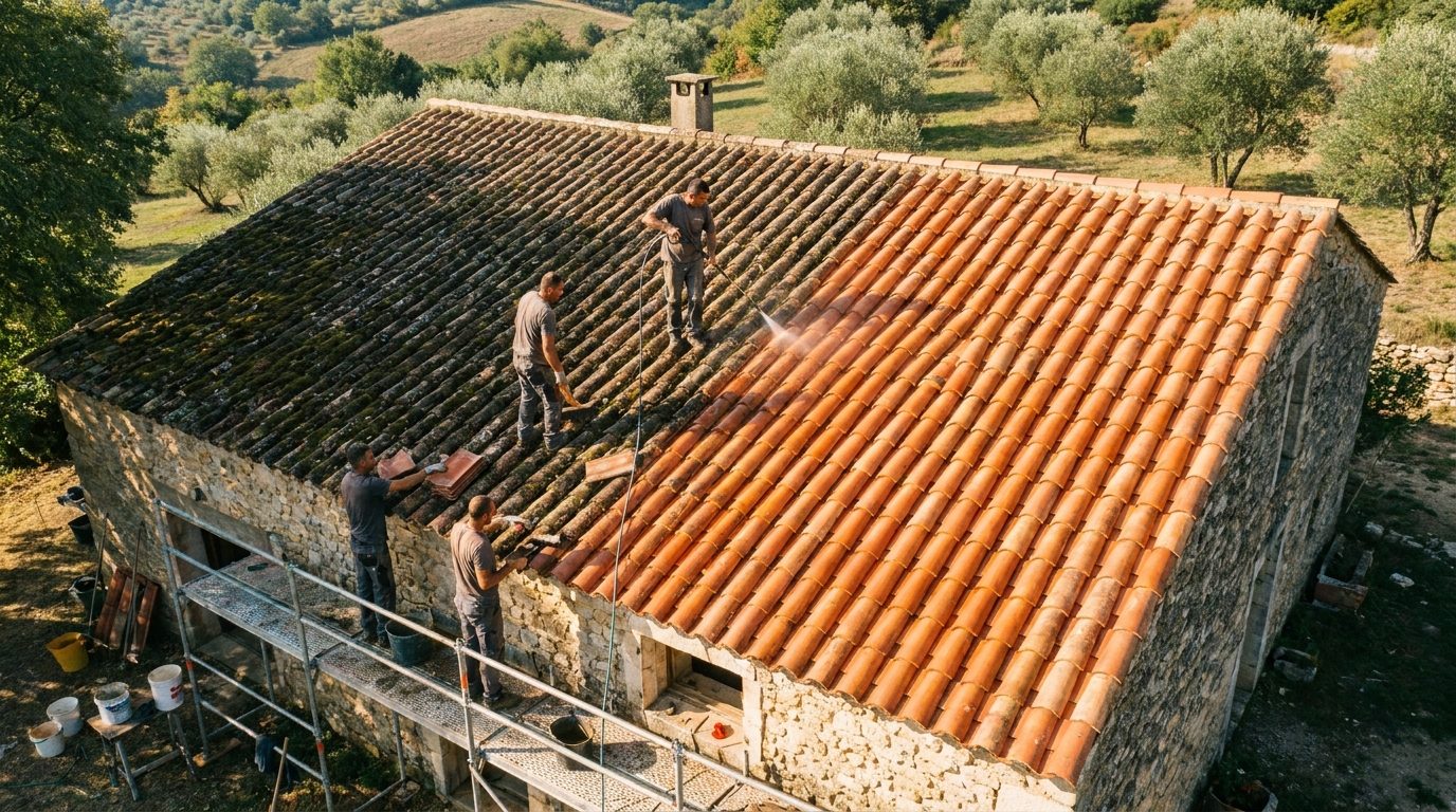Toiture provençale en cours de nettoyage : contraste saisissant entre la moitié couverte de mousse et la moitié nettoyée